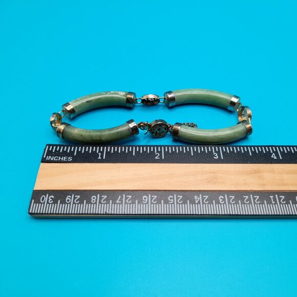 Vintage Asian Green Jade Gold Tone 7" Link Bracelet Safety Chain Push Lock Clasp - Picture 7 of 10